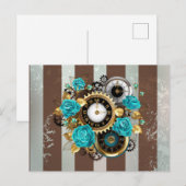 Steampunk Clock- en Turquoise-Rozen op gestreept Uitnodiging Briefkaart (Voorkant / Achterkant)