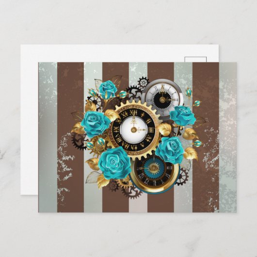 Steampunk Clock- en Turquoise-Rozen op gestreept Uitnodiging Briefkaart (Voorkant / Achterkant)