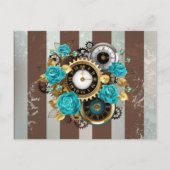 Steampunk Clock- en Turquoise-Rozen op gestreept Uitnodiging Briefkaart (Voorkant)