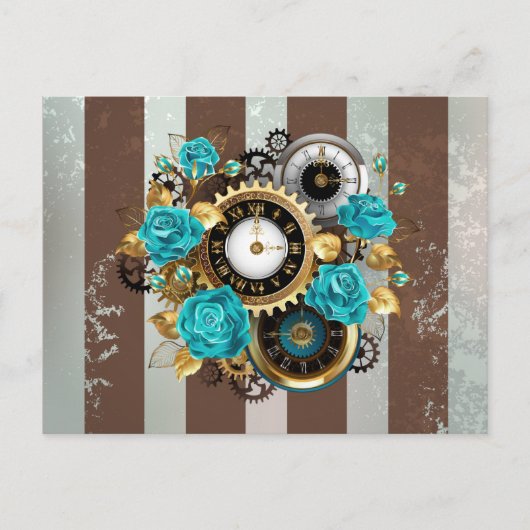 Steampunk Clock- en Turquoise-Rozen op gestreept Uitnodiging Briefkaart (Voorkant)