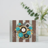 Steampunk Clock- en Turquoise-Rozen op gestreept Uitnodiging Briefkaart (Staand voorkant)
