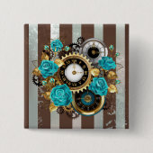 Steampunk Clock- en Turquoise-Rozen op gestreept Vierkante Button 5,1 Cm (Voorkant)