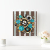 Steampunk Clock- en Turquoise-Rozen op gestreept Vierkante Klok (Huis)
