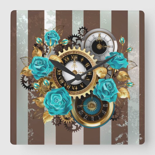 Steampunk Clock- en Turquoise-Rozen op gestreept Vierkante Klok (Voorkant)