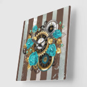 Steampunk Clock- en Turquoise-Rozen op gestreept Vierkante Klok (Hoek)