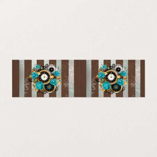 Steampunk Clock- en Turquoise-Rozen op gestreept Visitekaartje (Buitenkant ongevouwen)