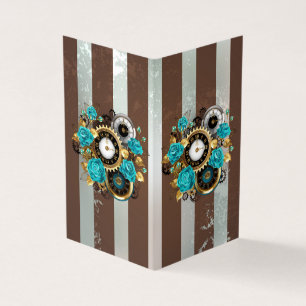 Steampunk Clock- en Turquoise-Rozen op gestreept Visitekaartje