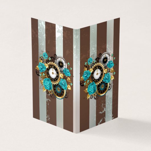 Steampunk Clock- en Turquoise-Rozen op gestreept Visitekaartje (Buitenkant)