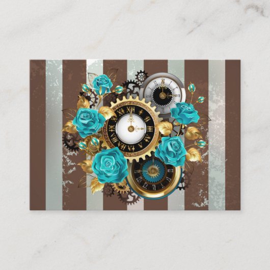 Steampunk Clock- en Turquoise-Rozen op gestreept Visitekaartje (Voorkant)