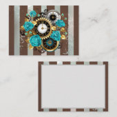 Steampunk Clock- en Turquoise-Rozen op gestreept Visitekaartje (Voorkant / Achterkant)