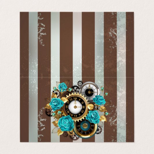 Steampunk Clock- en Turquoise-Rozen op gestreept Visitekaartje (Buitenkant ongevouwen)