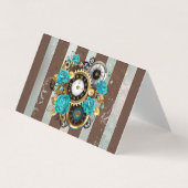 Steampunk Clock- en Turquoise-Rozen op gestreept Visitekaartje (Voorkant)