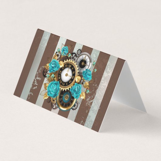 Steampunk Clock- en Turquoise-Rozen op gestreept Visitekaartje (Voorkant)