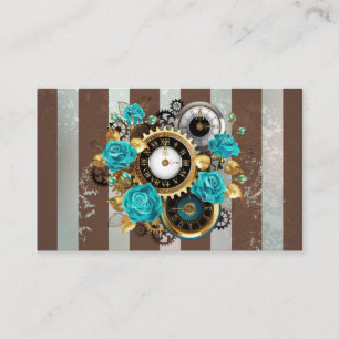 Steampunk Clock- en Turquoise-Rozen op gestreept Visitekaartje