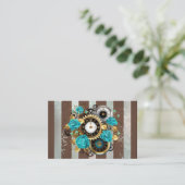 Steampunk Clock- en Turquoise-Rozen op gestreept Visitekaartje (Staand voorkant)