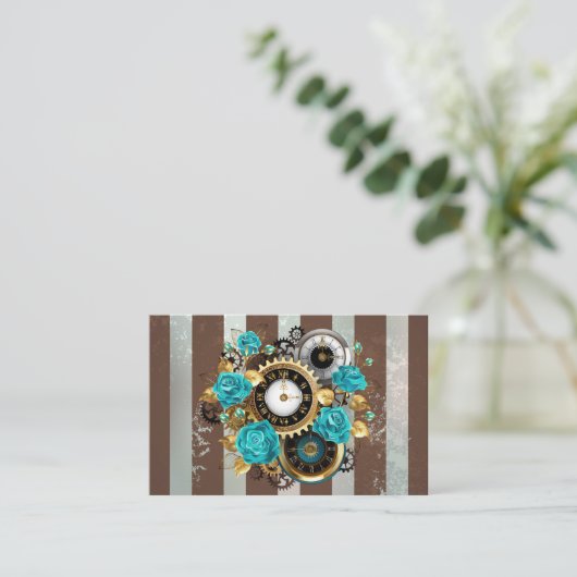 Steampunk Clock- en Turquoise-Rozen op gestreept Visitekaartje (Staand voorkant)