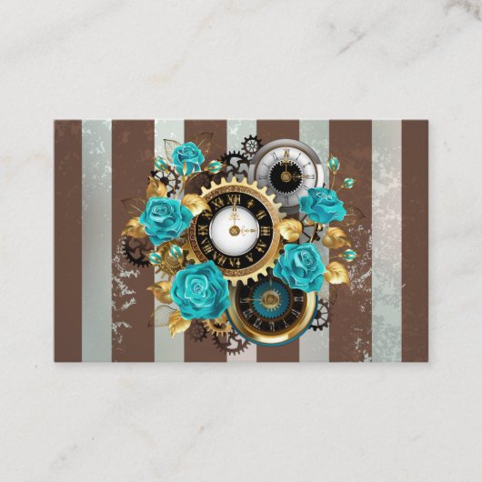 Steampunk Clock- en Turquoise-Rozen op gestreept Visitekaartje (Voorkant)