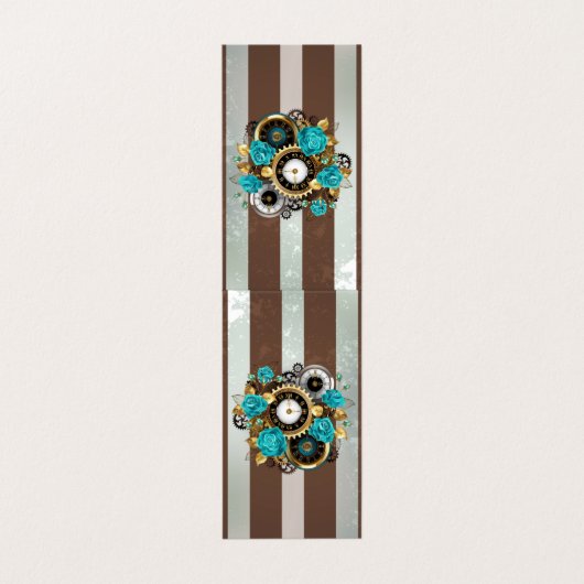 Steampunk Clock- en Turquoise-Rozen op gestreept Visitekaartje (Buitenkant ongevouwen)