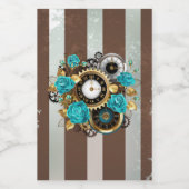 Steampunk Clock- en Turquoise-Rozen op gestreept Voedselcontainer Etiket (Enkel label)