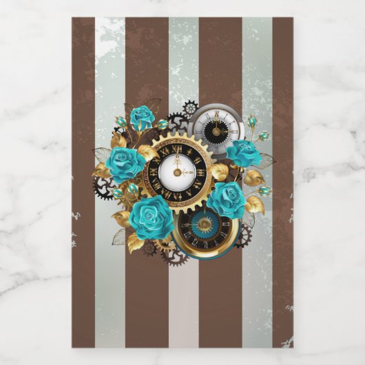 Steampunk Clock- en Turquoise-Rozen op gestreept Voedselcontainer Etiket (Enkel label)