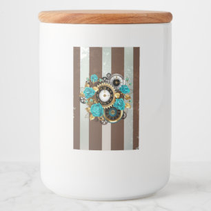 Steampunk Clock- en Turquoise-Rozen op gestreept Voedselcontainer Etiket