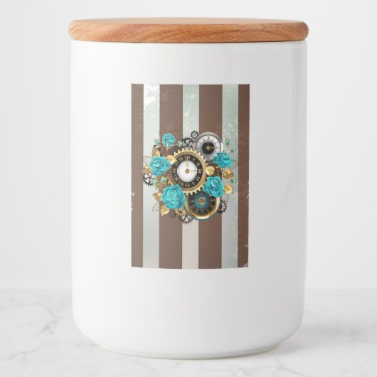 Steampunk Clock- en Turquoise-Rozen op gestreept Voedselcontainer Etiket (Voorkant)