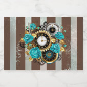 Steampunk Clock- en Turquoise-Rozen op gestreept Voedselcontainer Etiket (Enkel label)