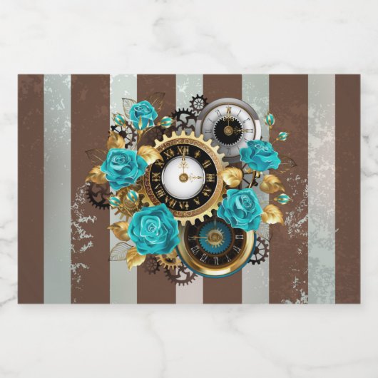 Steampunk Clock- en Turquoise-Rozen op gestreept Voedselcontainer Etiket (Enkel label)