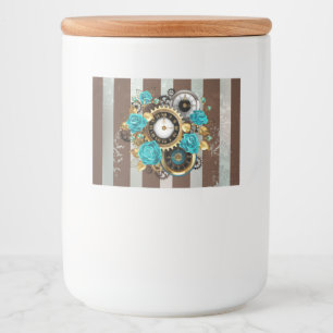 Steampunk Clock- en Turquoise-Rozen op gestreept Voedselcontainer Etiket