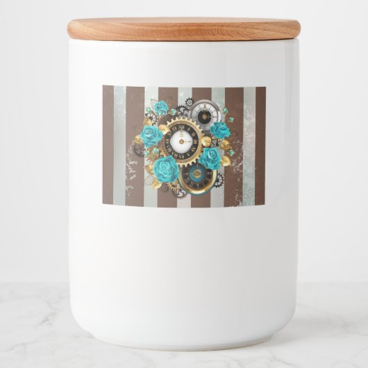 Steampunk Clock- en Turquoise-Rozen op gestreept Voedselcontainer Etiket (Voorkant)