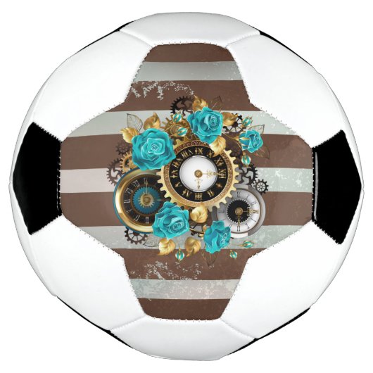 Steampunk Clock- en Turquoise-Rozen op gestreept Voetbal (Gedraaid)