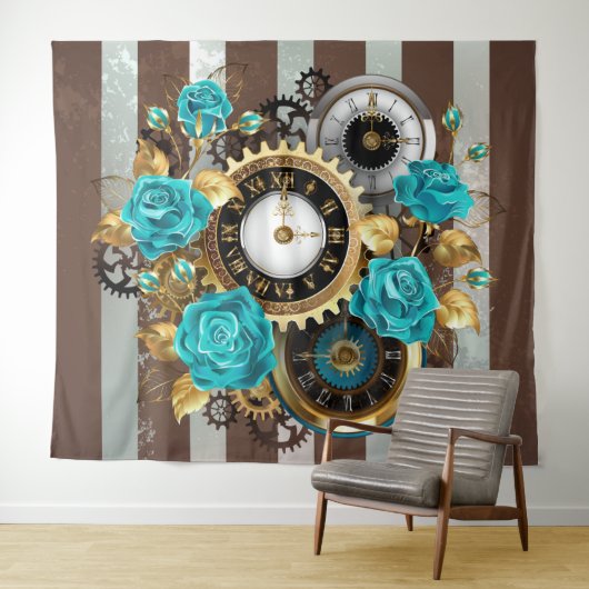 Steampunk Clock- en Turquoise-Rozen op gestreept Wandkleed (In Situ (horizontaal))