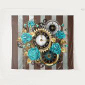 Steampunk Clock- en Turquoise-Rozen op gestreept Wandkleed (Voorkant (horizontaal))