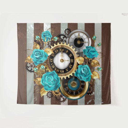 Steampunk Clock- en Turquoise-Rozen op gestreept Wandkleed (Voorkant (horizontaal))