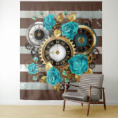 Steampunk Clock- en Turquoise-Rozen op gestreept Wandkleed (In situ)