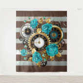 Steampunk Clock- en Turquoise-Rozen op gestreept Wandkleed (Voorkant)