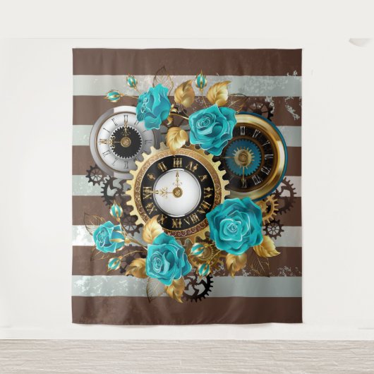 Steampunk Clock- en Turquoise-Rozen op gestreept Wandkleed (Voorkant)
