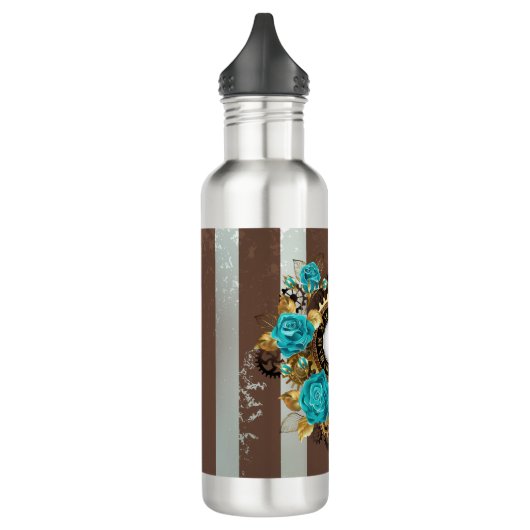 Steampunk Clock- en Turquoise-Rozen op gestreept Waterfles (Links)