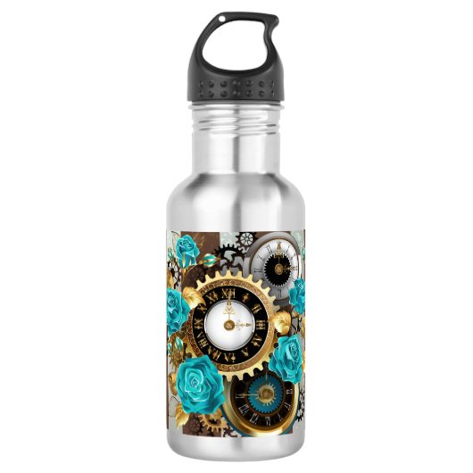 Steampunk Clock- en Turquoise-Rozen op gestreept Waterfles (Voorkant)