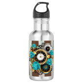 Steampunk Clock- en Turquoise-Rozen op gestreept Waterfles (Voorkant)