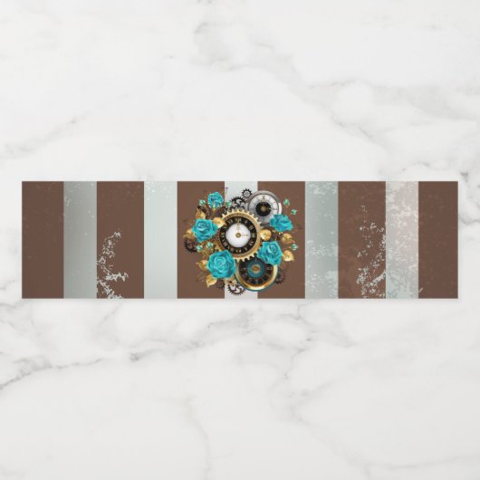 Steampunk Clock- en Turquoise-Rozen op gestreept Waterfles Etiket (Enkel label)
