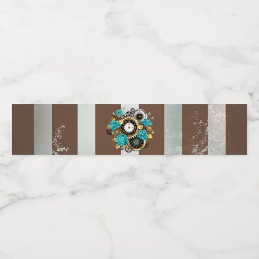 Steampunk Clock- en Turquoise-Rozen op gestreept Waterfles Etiket (Enkel label)