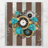 Steampunk Clock- en Turquoise-Rozen op gestreept Wijn Etiket (Enkel label)