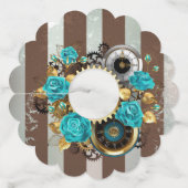 Steampunk Clock- en Turquoise-Rozen op gestreept Wijnglaslabel (Achterkant)