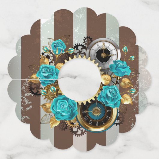 Steampunk Clock- en Turquoise-Rozen op gestreept Wijnglaslabel (Achterkant)