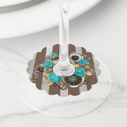 Steampunk Clock- en Turquoise-Rozen op gestreept Wijnglaslabel (Dichtbij)