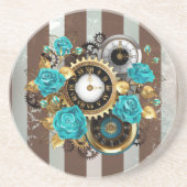 Steampunk Clock- en Turquoise-Rozen op gestreept Zandsteen Onderzetter (Voorkant)