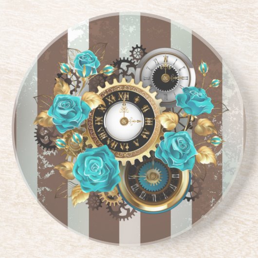 Steampunk Clock- en Turquoise-Rozen op gestreept Zandsteen Onderzetter (Voorkant)