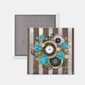 Steampunk Clock- en Turquoise-Rozen op gestreepte Magneet (Voorkant / Achterkant)