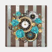 Steampunk Clock- en Turquoise-Rozen op gestreepte Magneet (Voorkant)